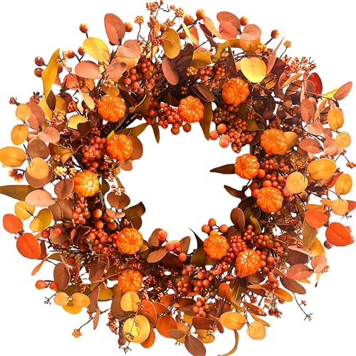 MAINGKAUNG Fall Wreath 22 Inch Fall Wreaths for Front Door Autumn Pumpkin Wreaths with Orange Eucalyptus Leaves and Berries for Indoor Outdoor Thanksgiving Harvest Festival Celebrations