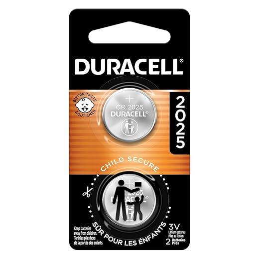 Duracell CR2025 3V Lithium Battery, Bitter Coating Discourages Swallowing, Lithium Coin Battery for Key Fob, Car Remote, Glucose Monitor, CR Lithium 3 Volt Cell, 2 Count (Pack of 1)
