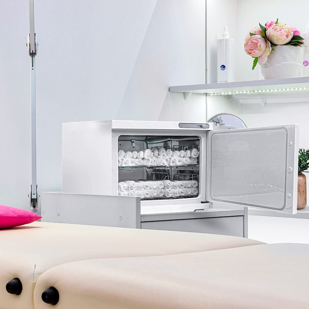 Kompressenwärmer Handtuchwärmer Wärmeschrank Weiß 23L UV-Sterilisation Elektrisch Schönheitssalon Spa Beauty Salon Kosmetik Edelstahl 2 Herausnehmbare Einlegeböden Abtropfschale 200W 2 x GRATIS Zangen