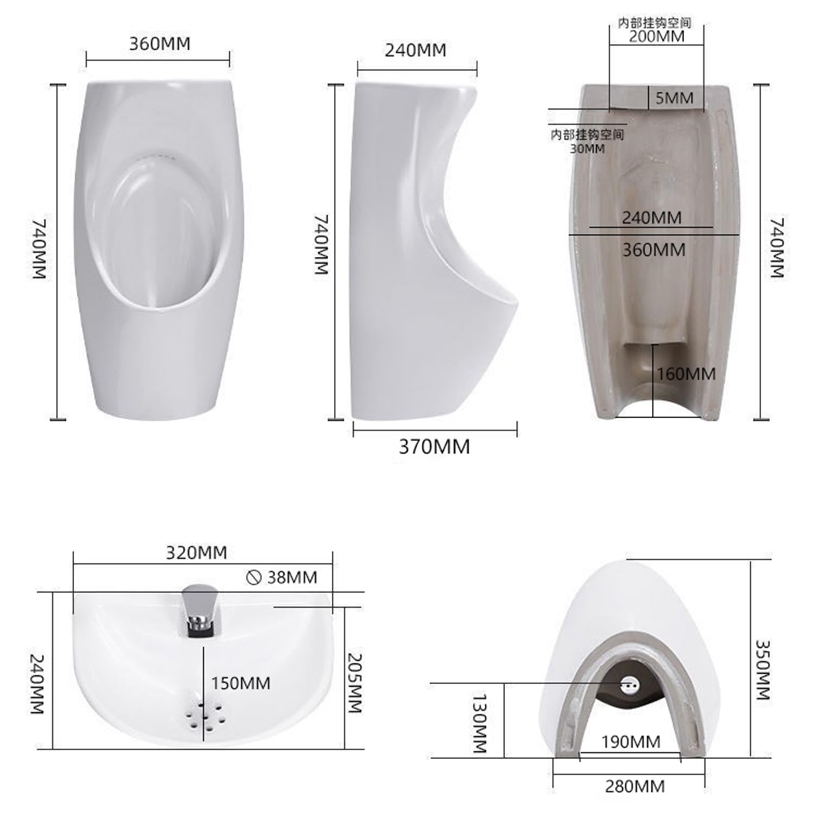 Urinarios para hombre a prueba de derrames con grifo y lavabo, urinario de cerámica para adultos de montaje en pared, ideal para baños, hoteles, centros comerciales y baños públicos.