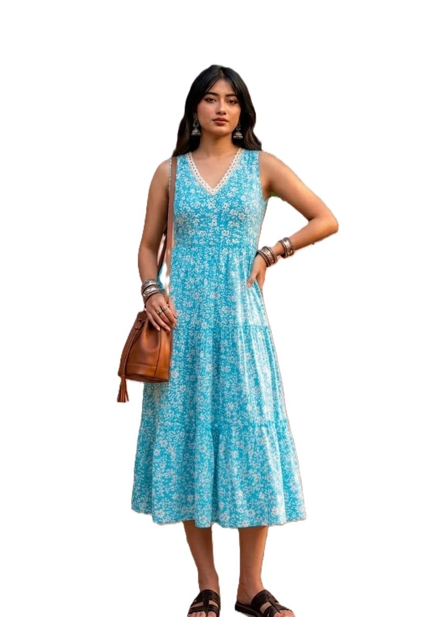 Women's Floral Print Midi Dress, Sleeveless V-Neck, Tiered Boho Style with Lace Work Beautiful Gown-image-23