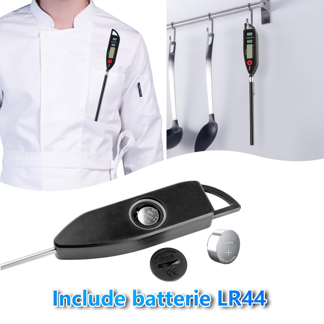 BOMATA Termometro impermeabile IPX7 per alimenti a lettura immediata sonda lunga T101 Nero