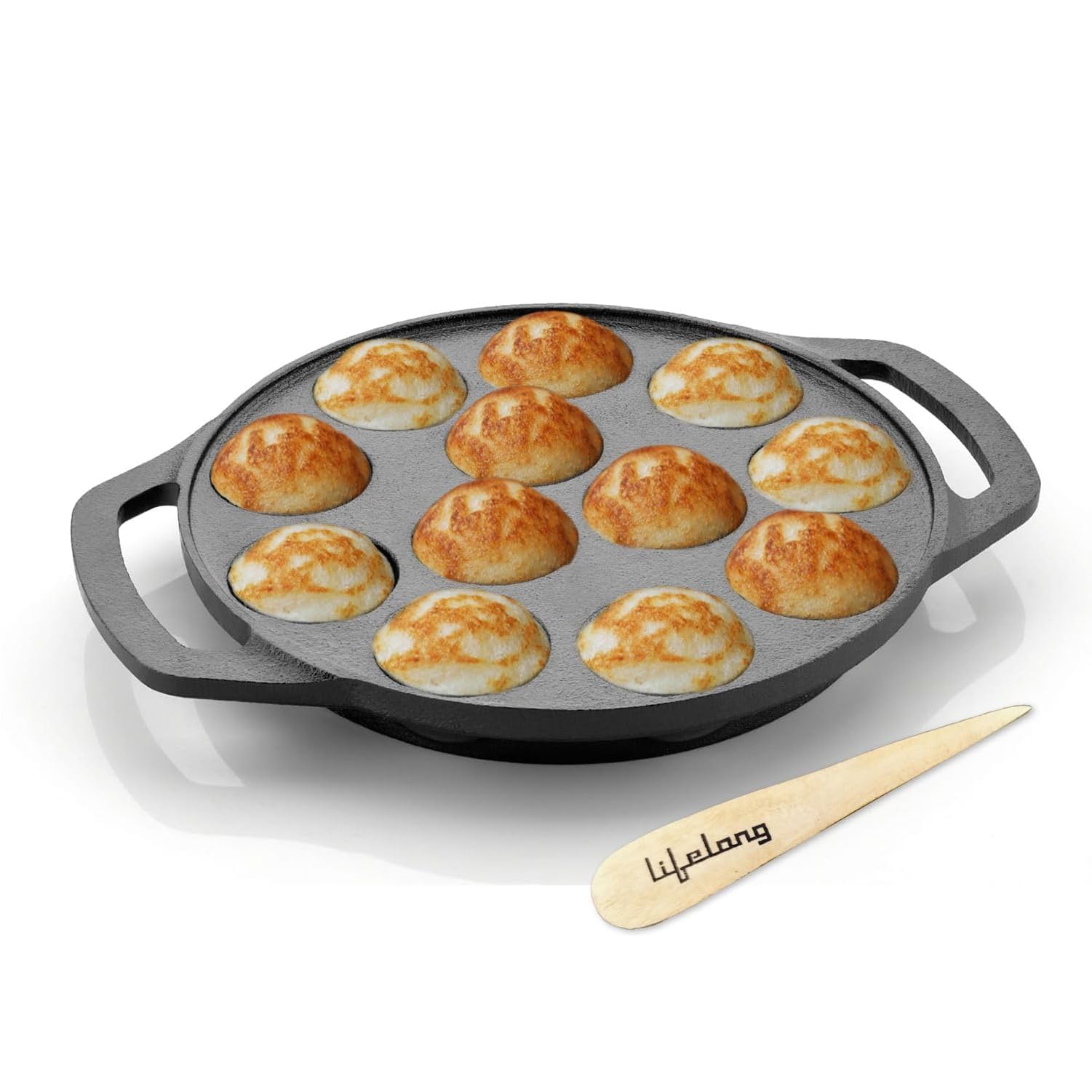 Lifelong Cast Iron Paniyaram Pan 12 Pits | 2kg | Pre-Seasoned Appam Pan, Unniyappam Chatty, Paddu Maker | Large Non-Toxic Cookware, Non-Stick & Teflon Free, Durable for Easy Cooking & Cleaning, Black