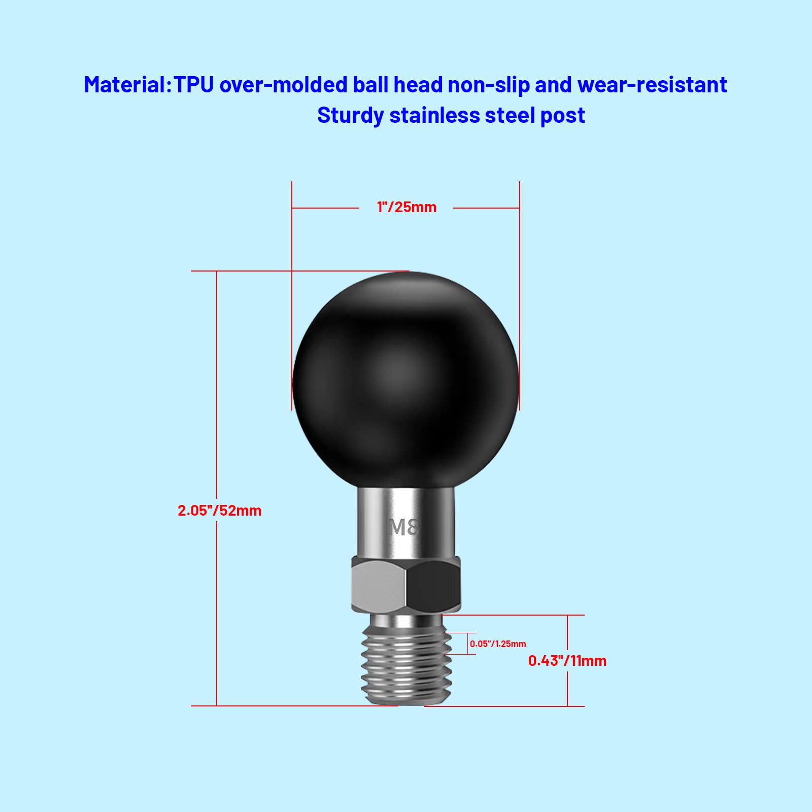 Sptchapn 1 Inch Ball Adapter Ball Mount Base With Threaded Post M8x1.25mm Compatible With RAM Mounts 1\" B Size Double Socket Arm(M8-1pc