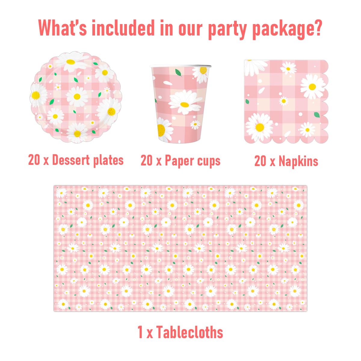 margherita Stoviglie per feste, 61 pezzi Crisantemo rosa Stoviglie per compleanni per bambini, Tema floreale Set di piatti di carta per feste, Compresi bicchieri, tovaglioli e tovaglie