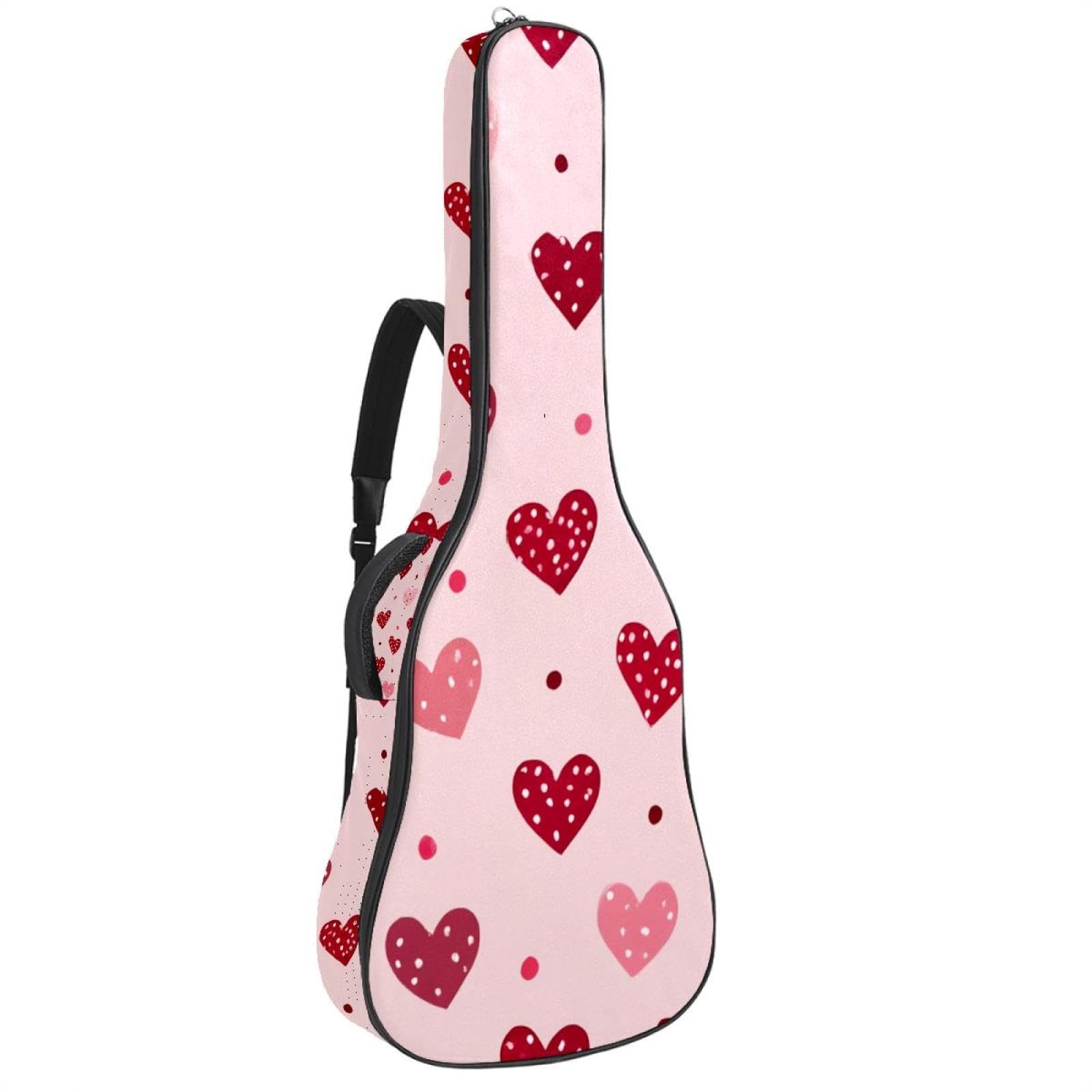 Doodled Pink and Red Love Hearts and Dots Acoustic Guitar Bag, Guitar Case Gig Bag 40 41 42 inch with Dual Adjustable Shoulder Strap and Back Hanger Loop