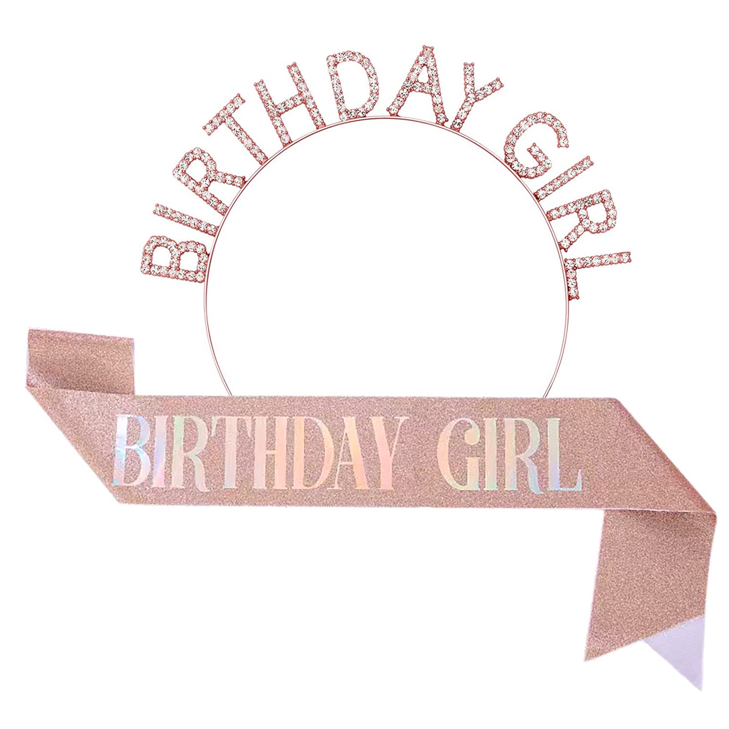 Delphinus Birthday Girl Sash & Tiara Set, 2pcs Birthday Crowns for Women Rhinestone Birthday Tiara Girl Headband Birthday Gifts for Women Birthday Accessories