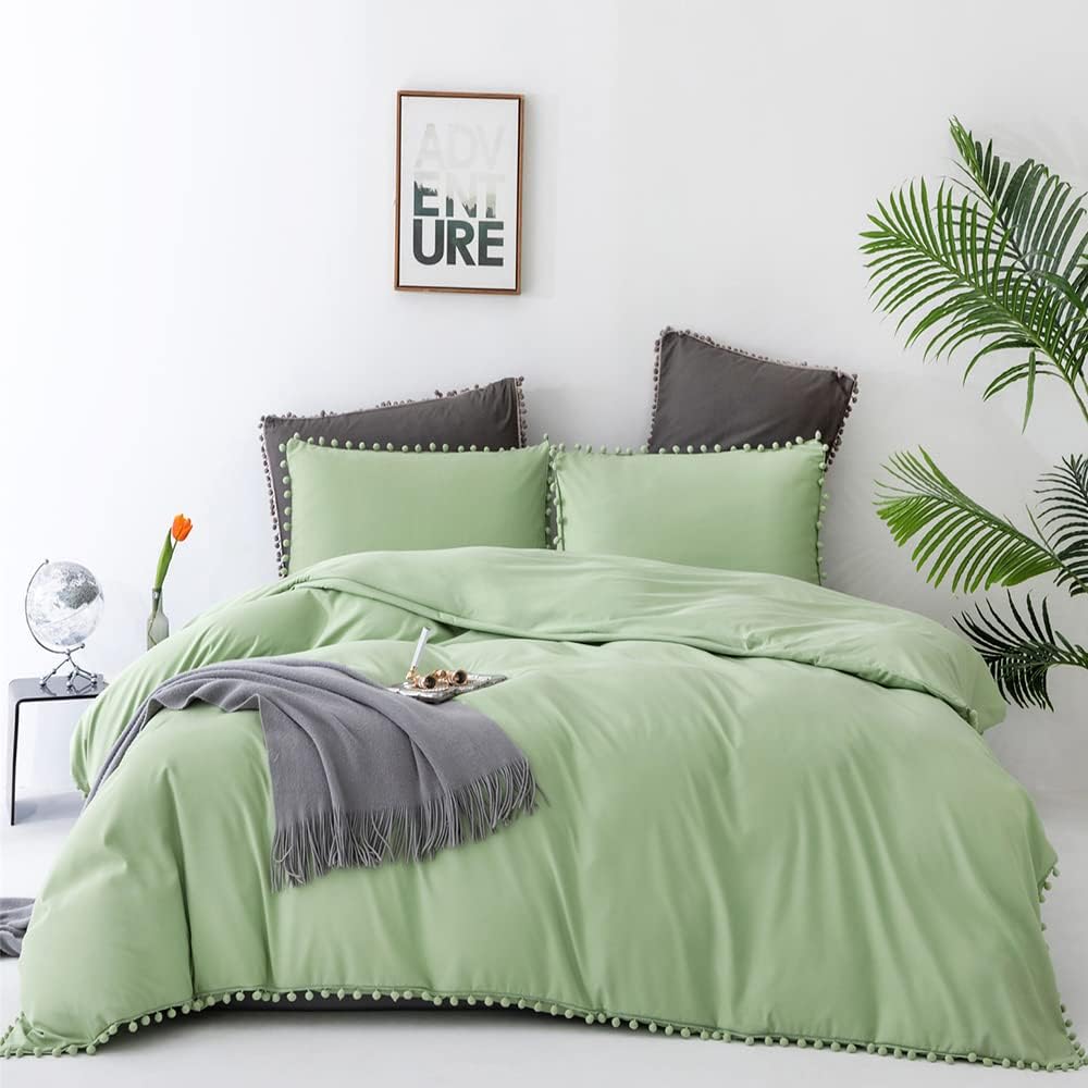 CLOTHKNOW Sage Green Boho Comforter Set King Green Ball Pom