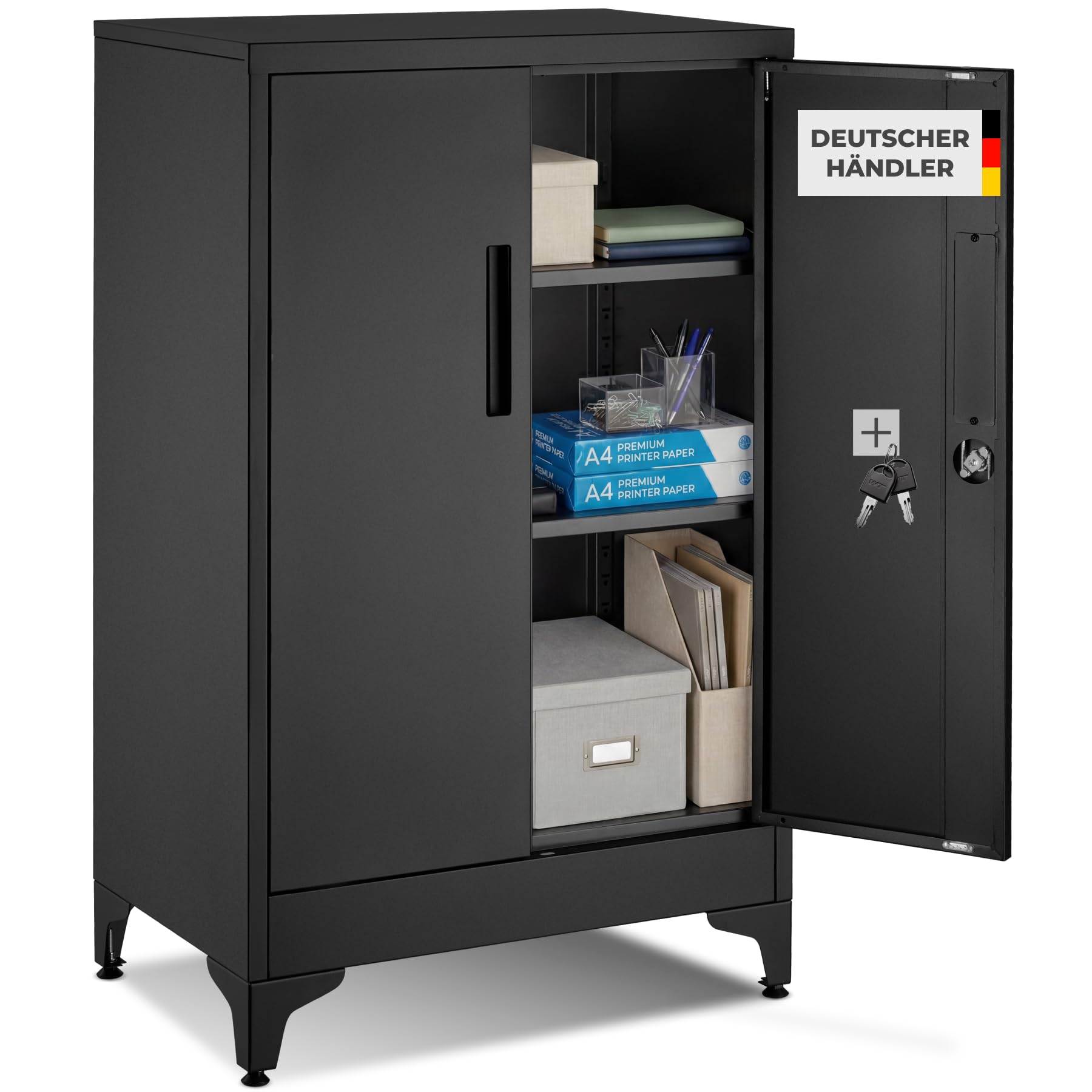 TecTake® Aktenschrank, 60 x 40 x 100 cm, 2 verstellbare Böden, abschließbar, Magnetverschluss, Kippschutz, Büroschrank, Aktenmöbel, Ordnerschrank, Büroorganisation, Arbeitsmobiliar - schwarz