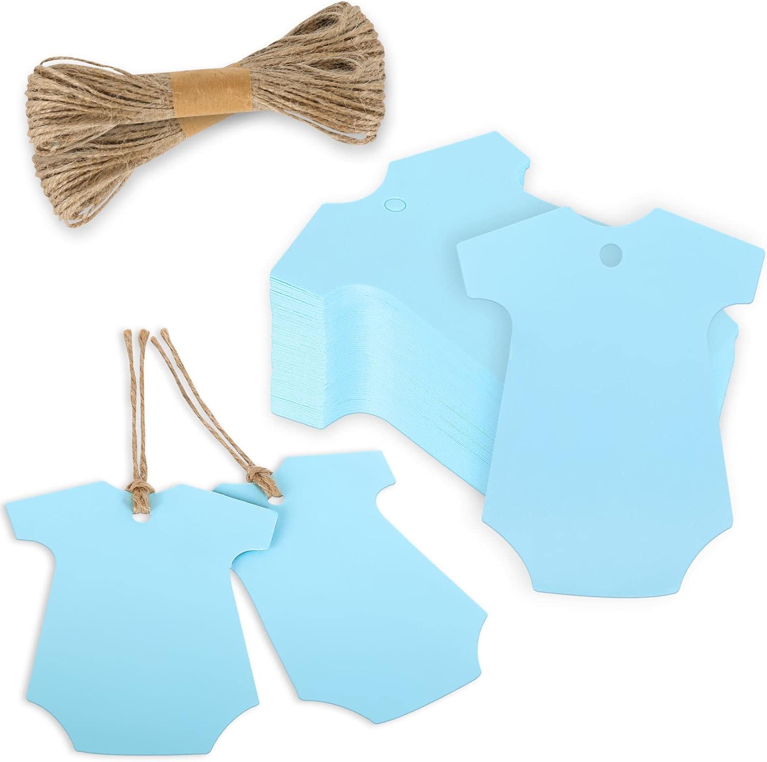 Whaline 100 Pcs Baby Onesie Gift Tags Blue Baby Clothes Shape Paper Tags Baby Shower Hanging Labels Cute Hanging Tags with Hemp Rope for Baby Shower Birthday DIY Gift Party Favor Decor
