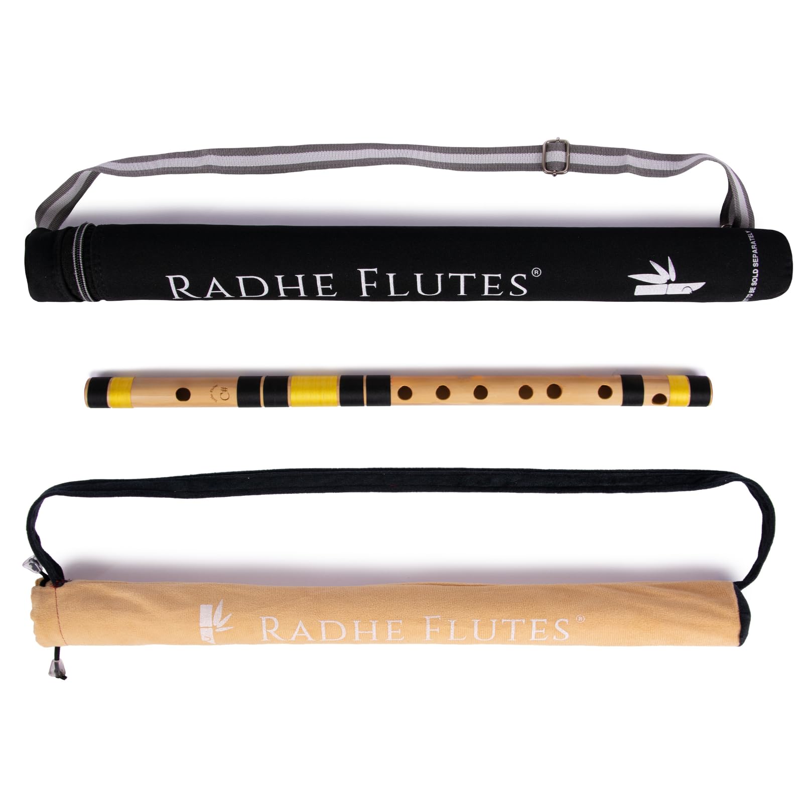 Radhe Flutes Bamboo Bansuri C Sharp Right Handed Middle Octave (18 inch) With Hard Cover (Beige Flute With Black & Yellow Threads)-image-6