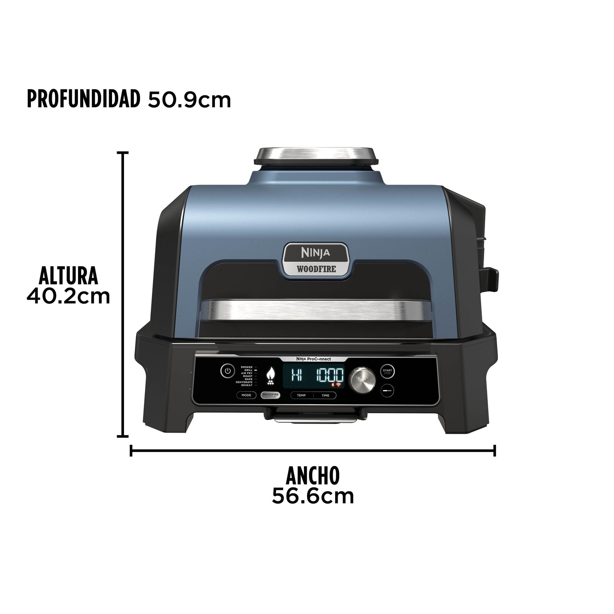 Ninja Woodfire Pro Connect XL Parrilla Eléctrica de Exterior y Freidora de Aire 7 en 1 - Control mediante App y 2 Sondas Digitales - Soporte para Costillas, Funda y Cepillo - Azul y Negro, OG901EUAMZ