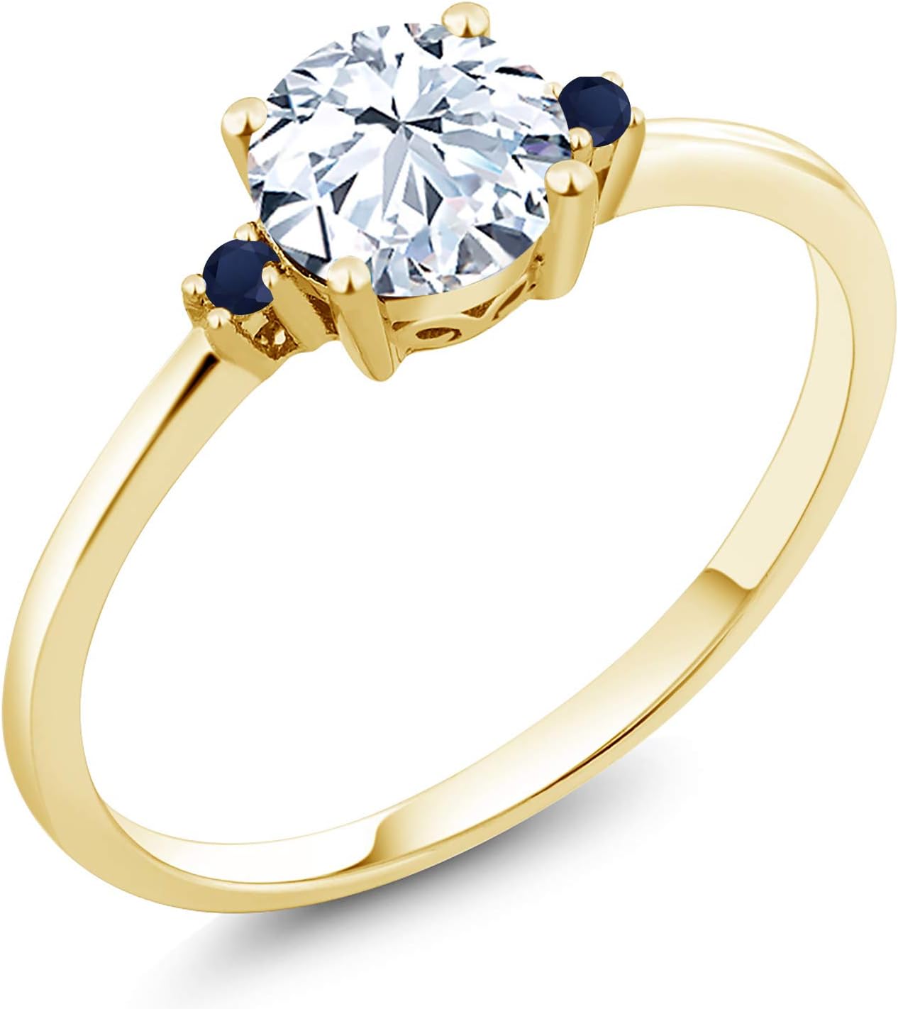 Gem Stone King 10K Yellow Gold White Created Sapphire and Blue Sapphire Solitaire Engagement Ring For Women (1.03 Cttw, Round 6MM, Gemstone September Birthstone)