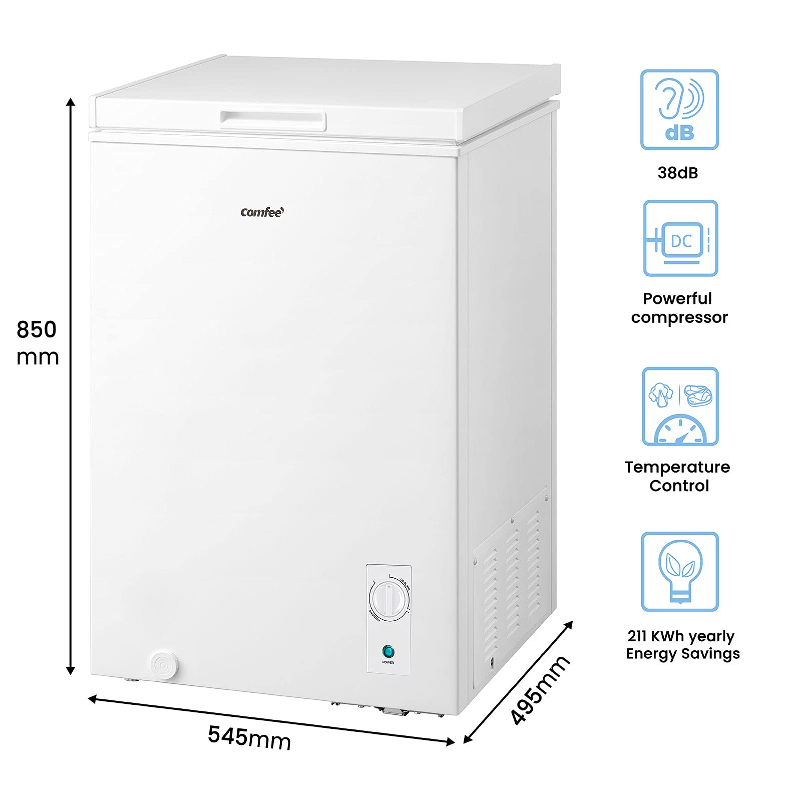 COMFEE' RCC100WH1(E) 99L Freestanding White Chest Freezer with Adjustable Thermostats, 4 Star