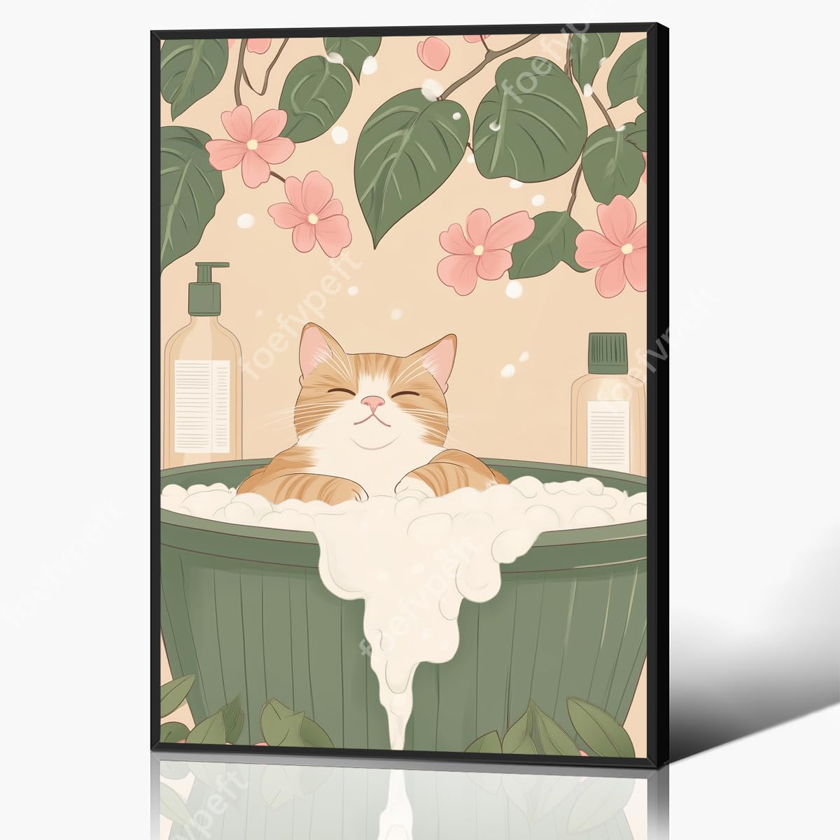 Japanese Canvas Wall Art, Japan Cat Bathroom Aesthetic Poster, Tabby Cat In Bathtub Print, Neutral Pink Flowers and Green Leaves Picture, Restroom Cute Animal Painting 40x60cm Unframed