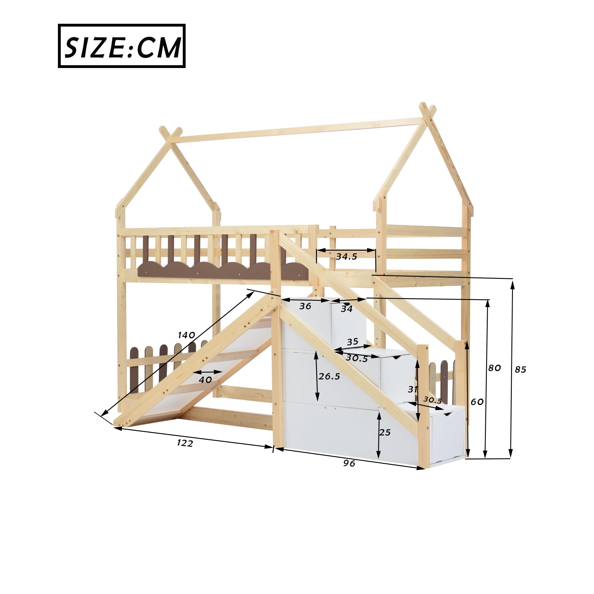 ZYLOYAL10 Stapelbed met leuning en raam, huisbed, kinderbed met valbescherming en rooster, frame van hout (90 x 200 cm) (groen natuur