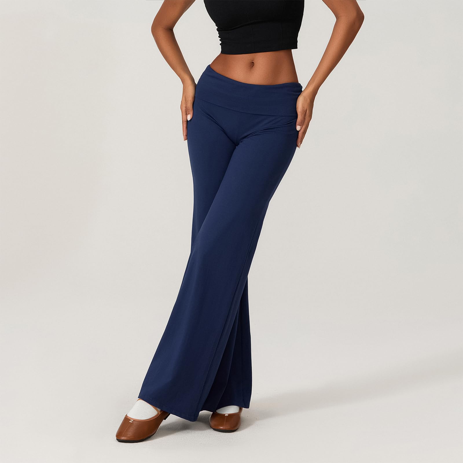 Fjfsoo Women's Straight Leg Pants Fold Over Y2k Elastic Waist Yoga Casual Pants Casual Going Out Trousers Streetwear(Dark Blue,S)