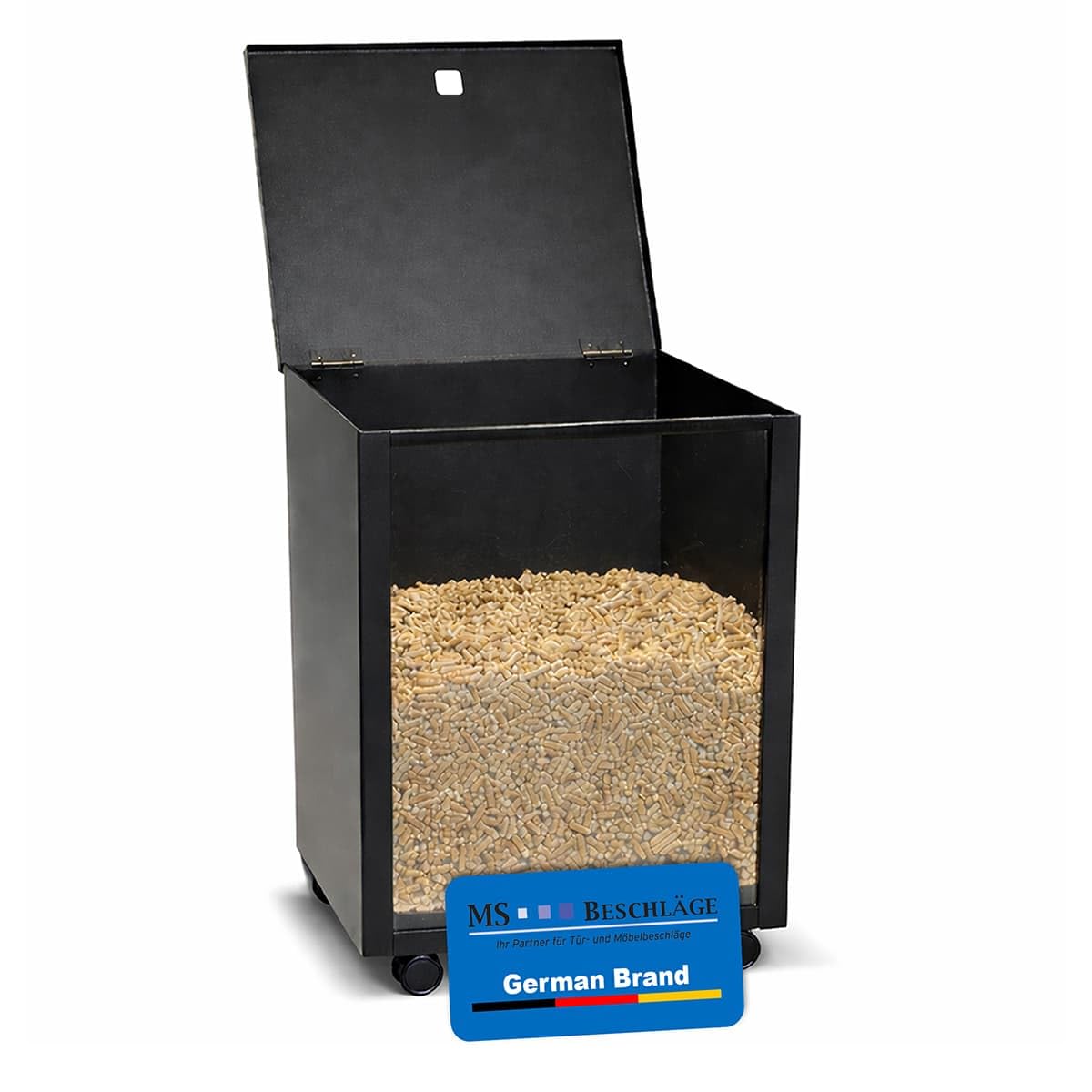MS Beschläge Pellet Box in metallo nero con ruote e parabrezza, contenitore mobile per pellet con coperchio, per stufa a pellet e camino, robusto carrello a pellet per pellet di legno fino a 35 kg