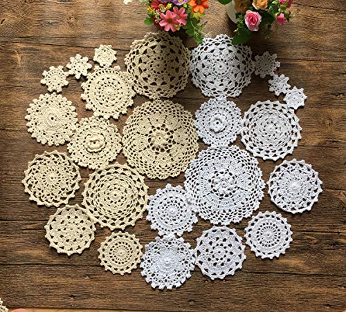 MINDPLUS Set of 24 Hand Crochet Doilies Cotton Lace Table Placemat Mini Doilies 2-7 Inch Round White Beige Vintage Wedding Tea Party (12pcs White and 12pcs Beige)