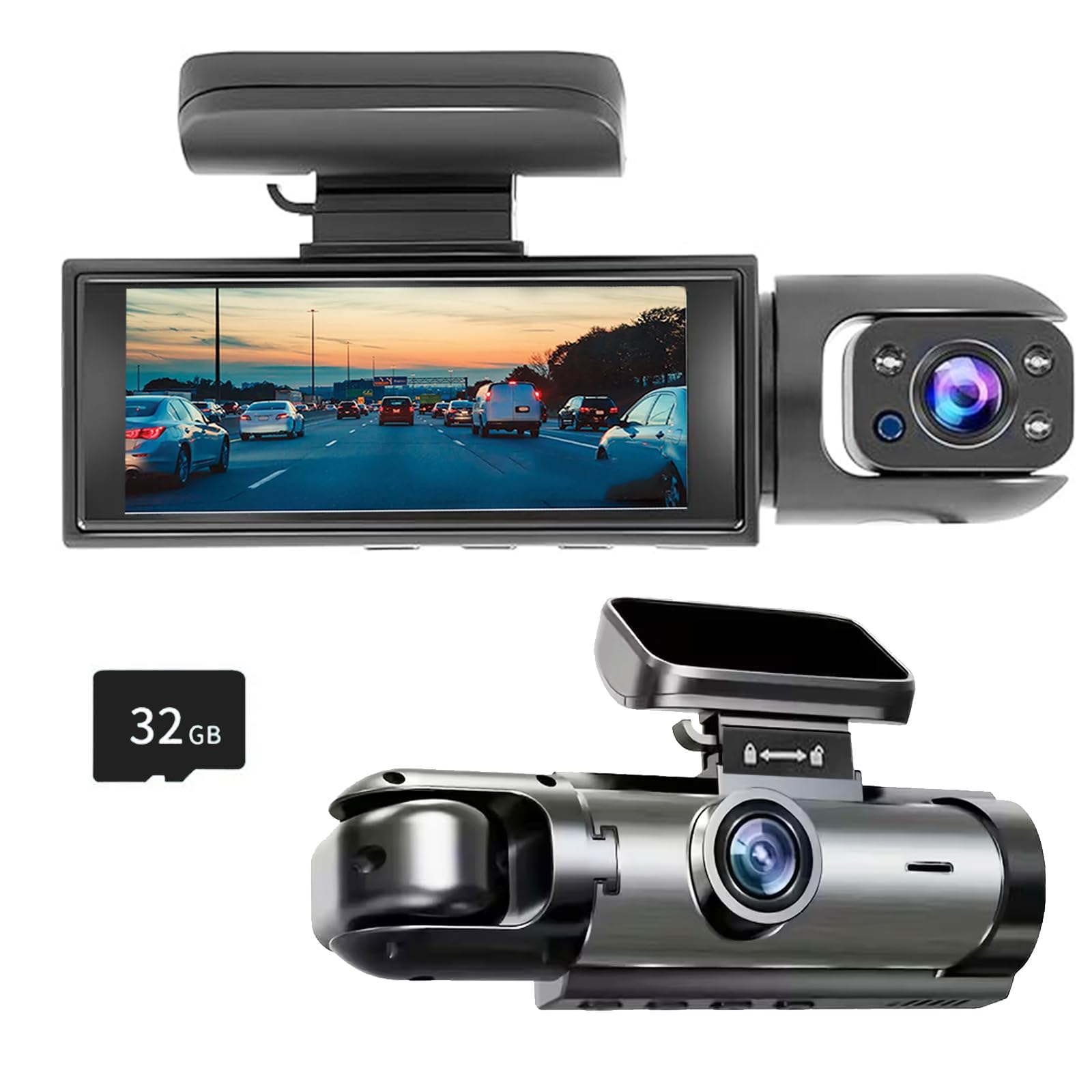 1080P Dual Camera Dash Cam for Cars, Driving Recorder with IR Night Vision, Loop Recording, Wide Angle Lens - 3.16 Inch IPS Screen,Parking Mode, Car Camera with 32GB TF Card