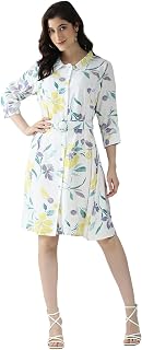 Monte Carlo Women Regular Fit Printed Knee Length Dress with Collar Neck | 3/4 Sleeve | Button Closure | Waist Belt Includ... Price In India