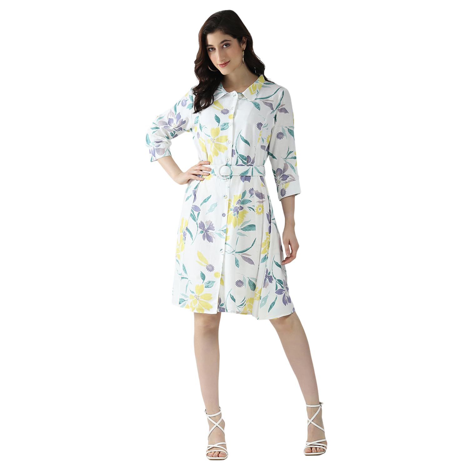 monte carlo Women Regular Fit Printed Knee Length Dress with Collar Neck | 3/4 Sleeve | Button Closure | Waist Belt Included Weatern Dress for Women-picture-27