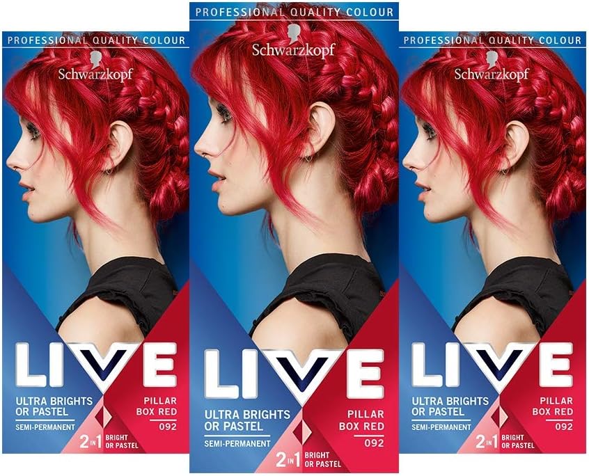 Schwarzkopf LIVE Ultra Bright or Pastel Red Hair Dye, Pack of 3, Semi-Permanent Colour lasts for up to 15 washes - 092 Pillar Box Red
