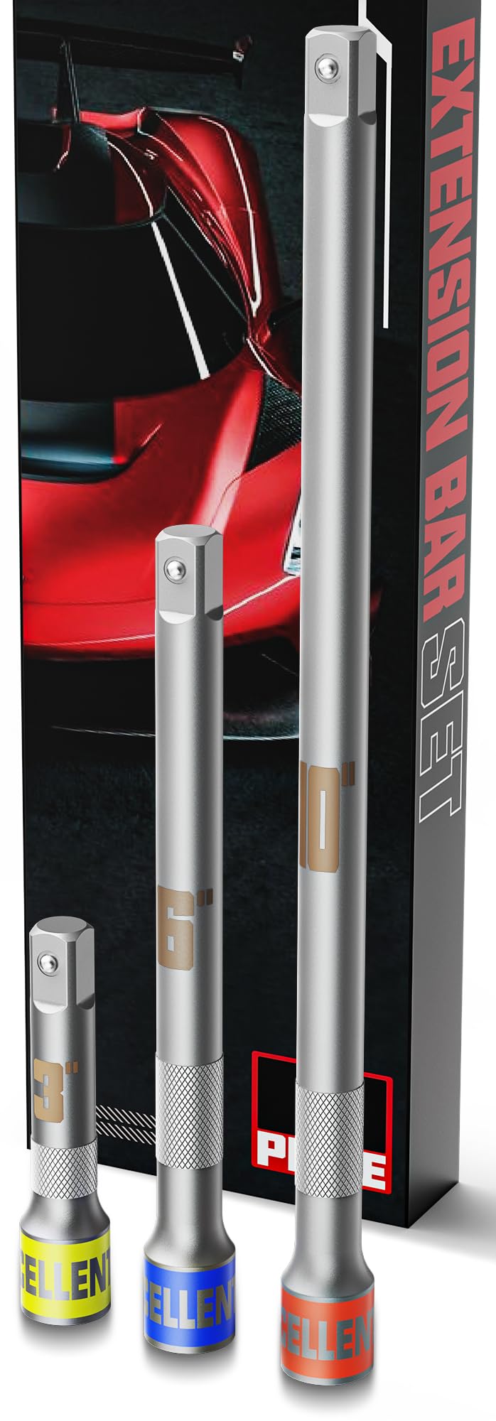 Faxdrts 3 Piece 3/8" Drive Impact Extension Bar Set, 75mm 150mm 250mm Length Socket Extensions Expand Narrow Range, Premium Cr-V Steel, Knurled Non-Slip, Zero Torque Loss, for Auto and Mechanical