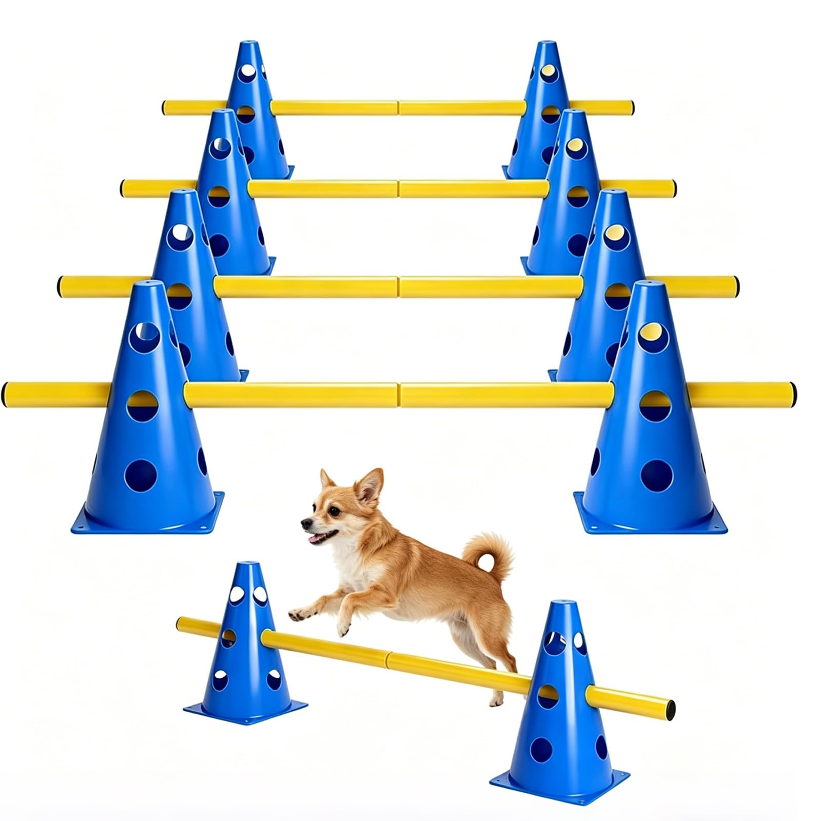 4 Stück Steckhürdenset Große Hunde, Hundeparcours Kegel Plastik Agility Set Hunde Klein Indoor Einstellbare Trainingshürden mit 8 Kegel 23cm und 4 Stangen 100cm für Pylonen Hundetraining