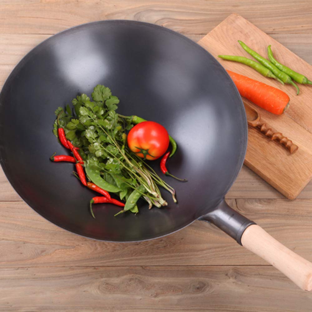 新品　鋳鉄/生鉄/中華鍋 麻製ハンドル 木製蓋付き Amazon | 鉄鍋 中華鍋 窒化加工高純度鉄炒め鍋 28cm木製蓋付き