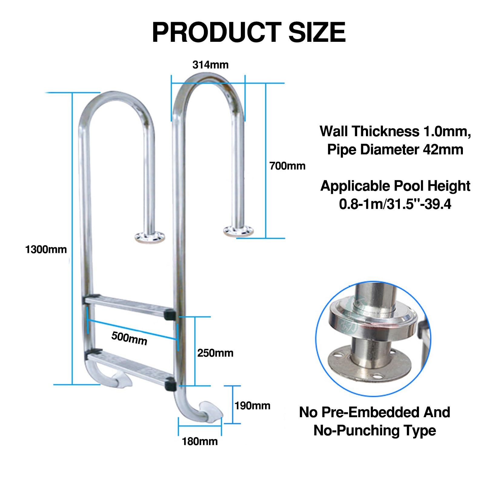 Scaletta per Piscina, in Acciaio Inox Antiscivolo, Portata 100 kg, Adatta per Piscine e parchi Acquatici (2 gradini)