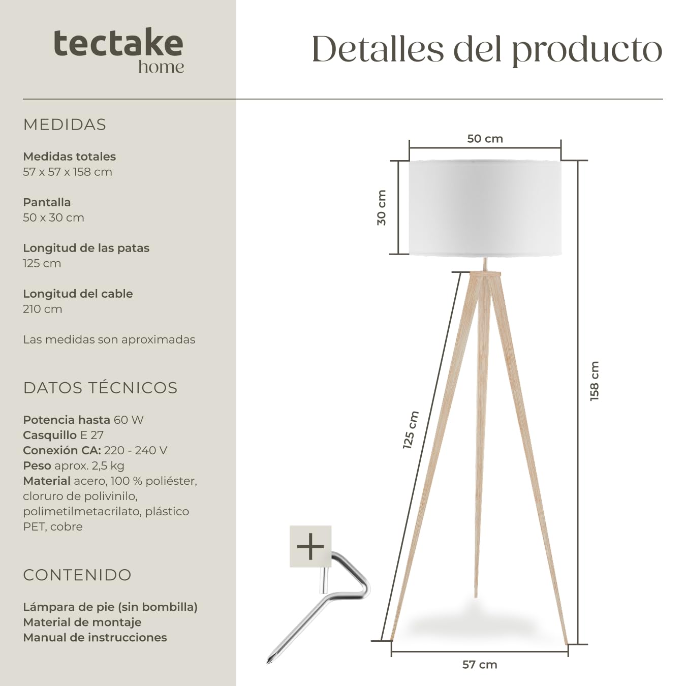 tectake® lámpara de pie, base de trípode de acero, pantalla aspecto de lino, lampara lectura, diseño moderno, lampara suelo, interruptor de pie, lampara pie salon, lampara de pie - Roble