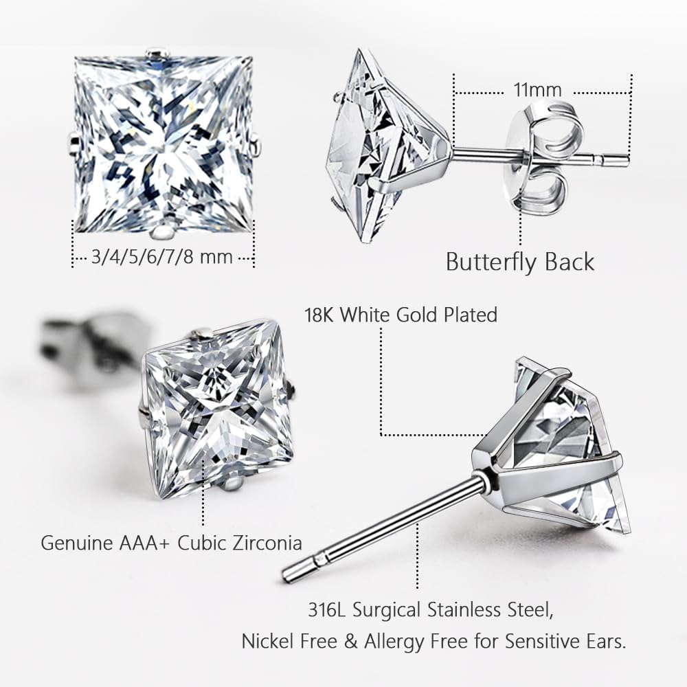 Stainless Steel Stud Earrings Set for Men, 18K White Gold Plated Square Cubic Zirconia Studs Hypoallergenic Mens Earrings Pack 6 Pairs for Men Women