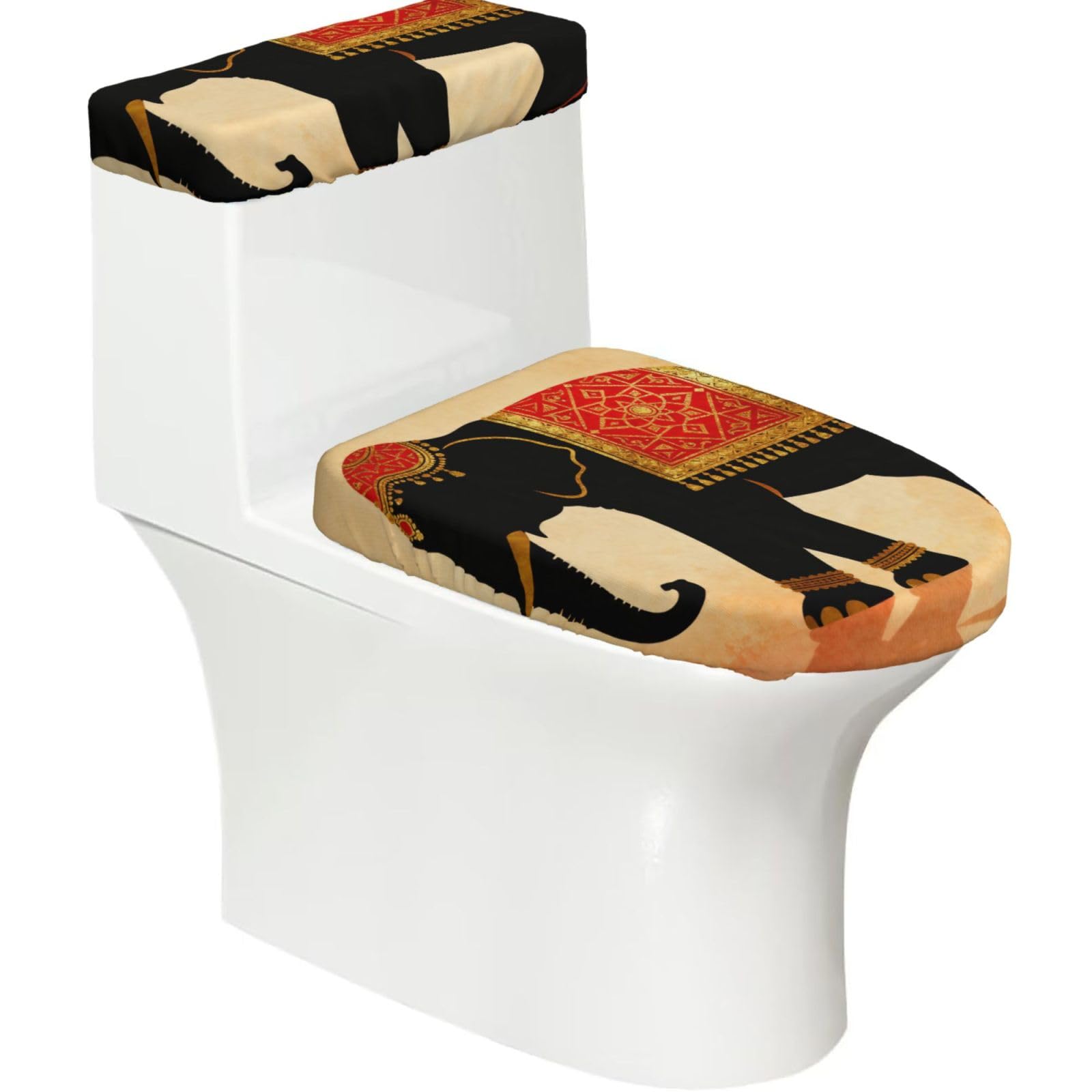 Cntdbu Black Elephant Pattern Elastic Toilet Cover Set Of 2-Stretchy Lid And Tank Covers For Bathroom, Soft Washable U Shape Toilet Decor