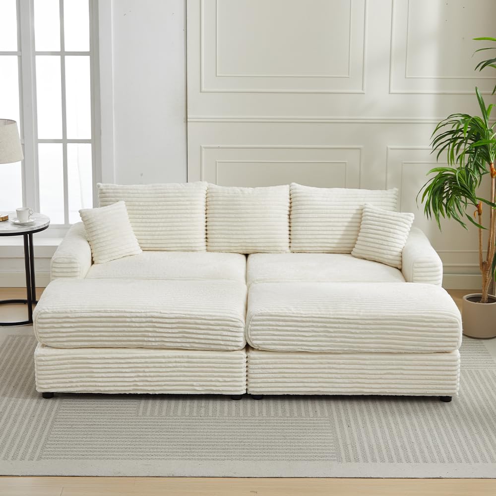 WILLIAMSPACE 82.68" Sectional Sofa Cloud Couch with 2 Ottomans for Living Room, Modern Upholstered 3 Seater Sofa Reading Chair Couch with 2 Pillows, Reclining Sofa Bed, Corduroy (Beige)