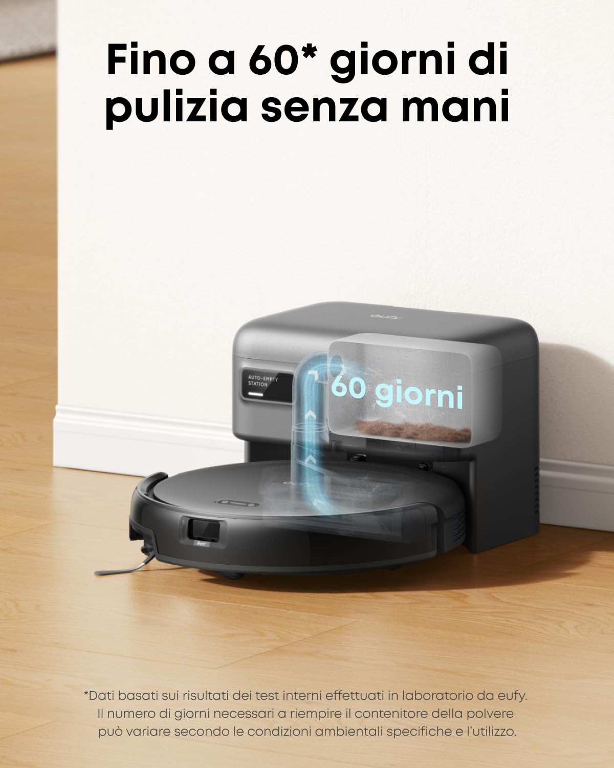 eufy C10 Robot Aspirapolvere con Stazione Aspirazione Automatica | Design ultra piatto 7,2 cm, Pulizia tappeti, Spazzola estensibile angoli, Svuotamento auto, Navigazione laser.