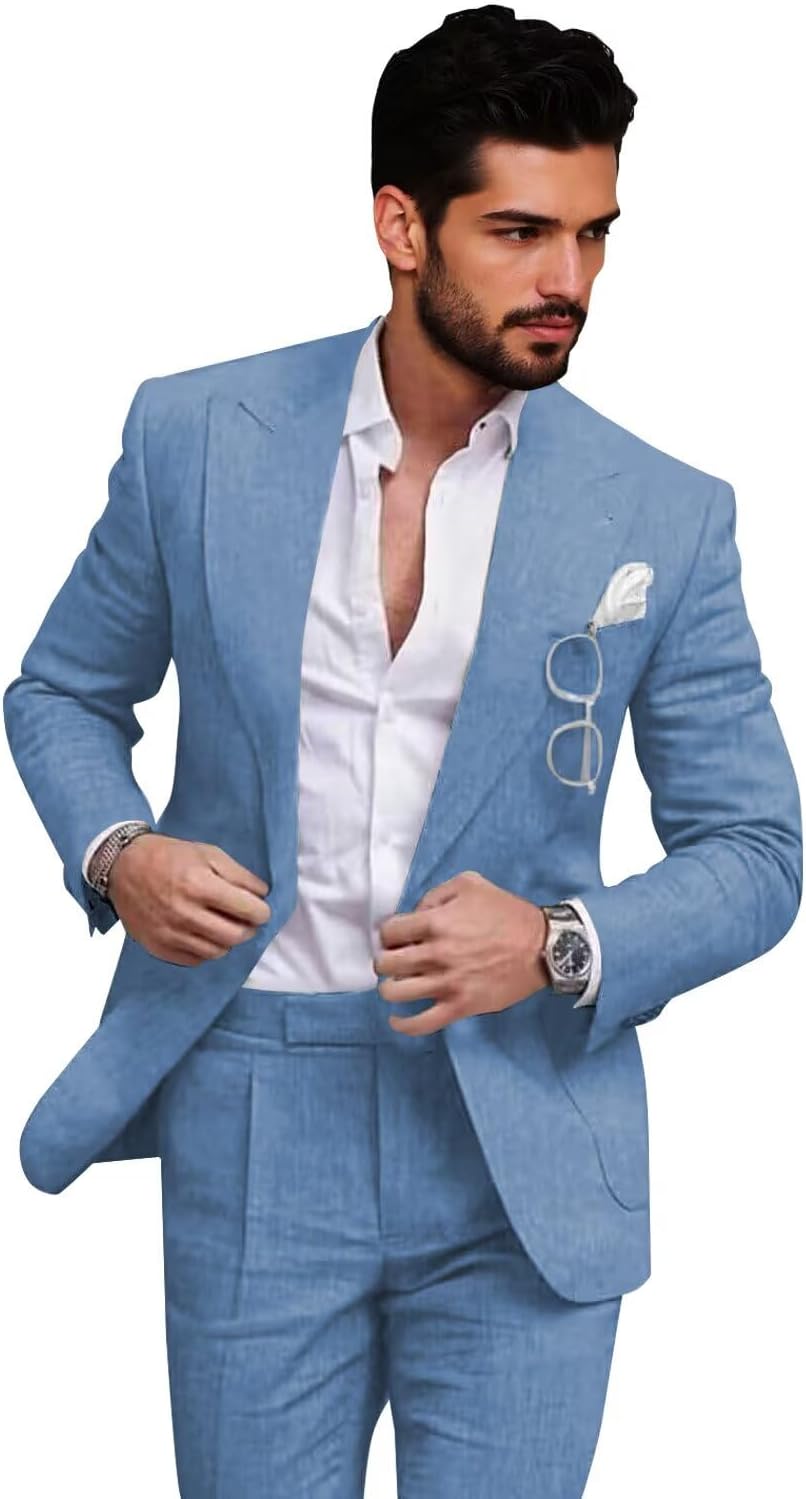 Mens Linen Suits 2 Piece Slim Fit Outfit for Summer Mens Suits for Beach Wedding Prom Suit Blazer Pants Set
