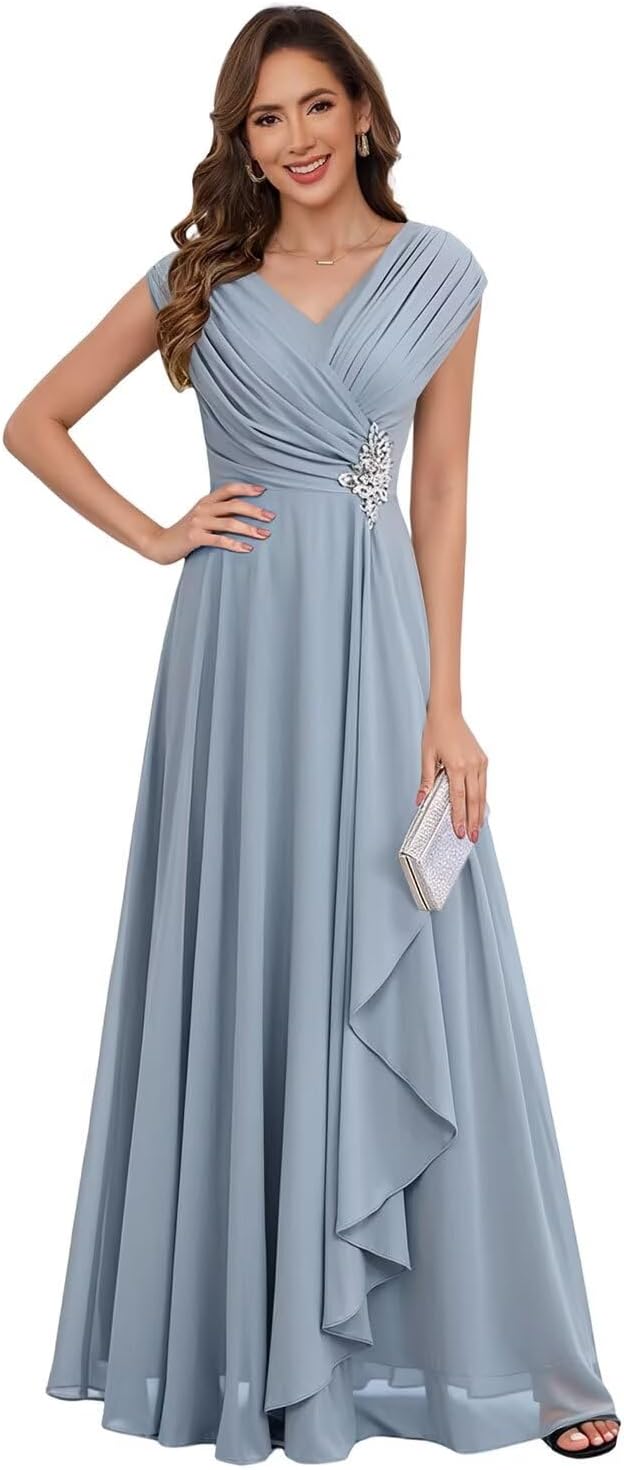 Chiffon Ruched Mother of The Bride Dresses Floor Length Lace Appliques Formal Dress ZU056