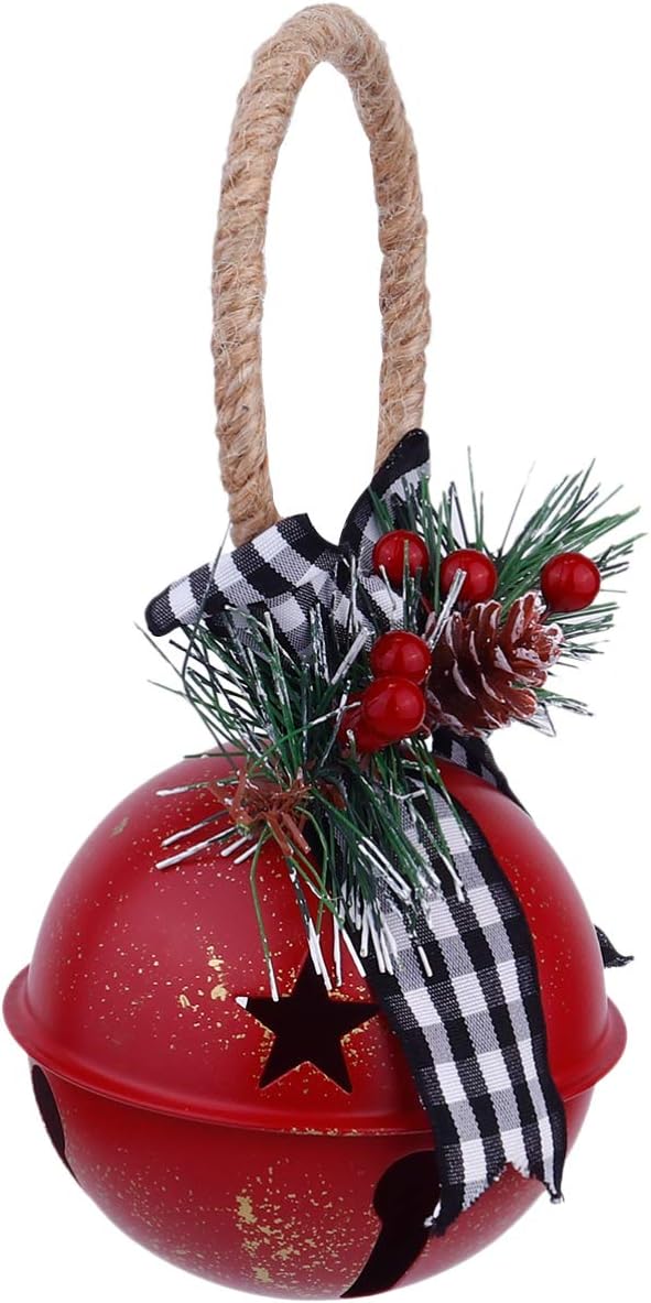 Christmas Jingle Bells Door Hanger Rustic Iron Star Bell with Bow Pine One Berry Vintage Door Knob Pendant Hanging Ornaments for Xmas Holiday Tree Doorway Decor