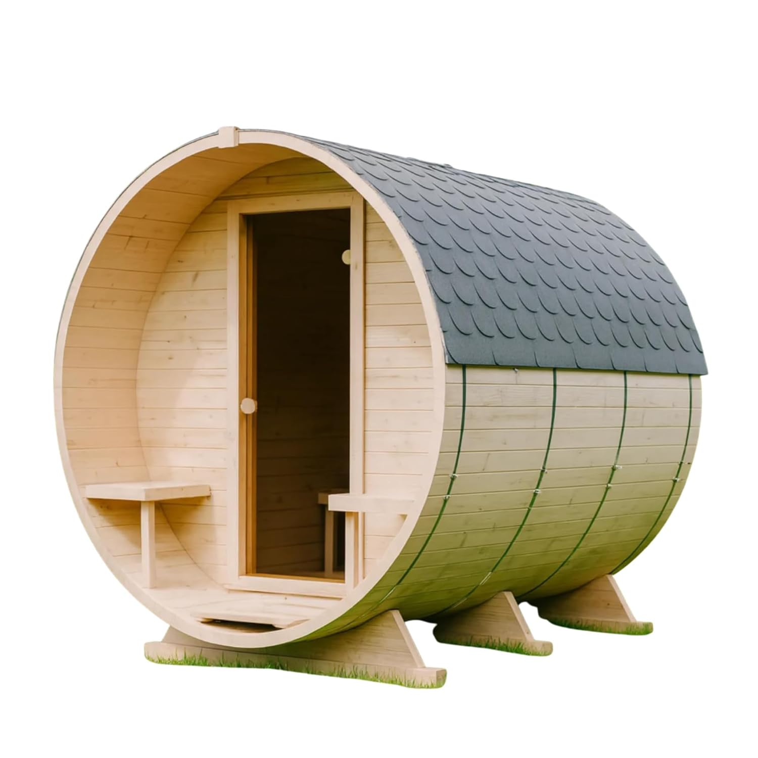 Fasssauna de jardin pour extérieur en épicéa nordique – Différentes tailles (2–6 personnes) – Choix entre four en bois ou électrique – Kit d'accessoires inclus (240 cm, Ronde, Four électrique)