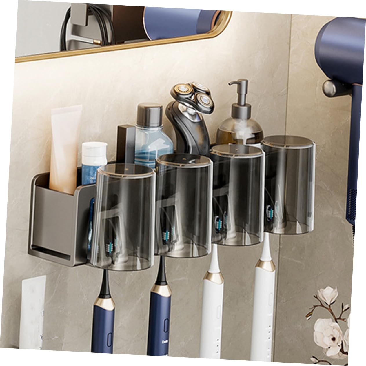 ULTECHNOVO Portaspazzolini da Dentifricio da Parete senza Organizer Multifunzione per Spazzolini Elettrici e Rasoio Montaggio Facile su Superfici Lisce Persone Grigio