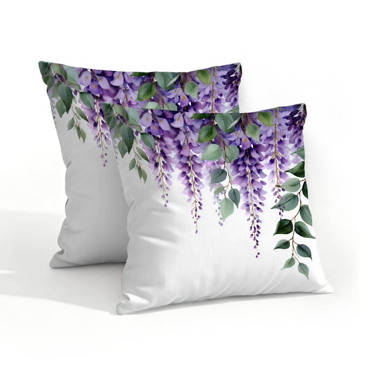 Outdoor Pillow Covers Waterproof Pillowcases 18x18in Set of 2 Wisteria Floral Eucalyptus Leaves Decorative Throw Cushion Case for Couch Sofa Garden Patio Furniture