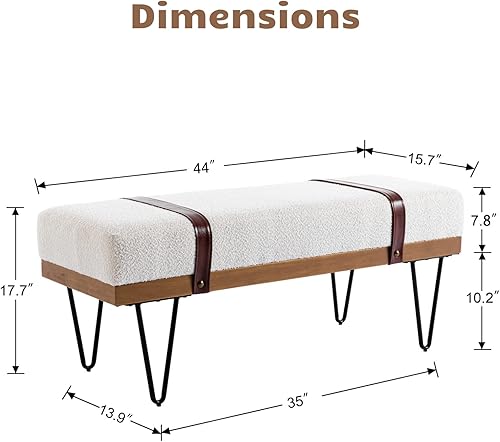 Miniatura 2 de HEAH-YO Banco de interior moderno, banco de entrada de 18 pulgadas de altura del asiento con correa de piel sintética y patas de metal, reposapiés