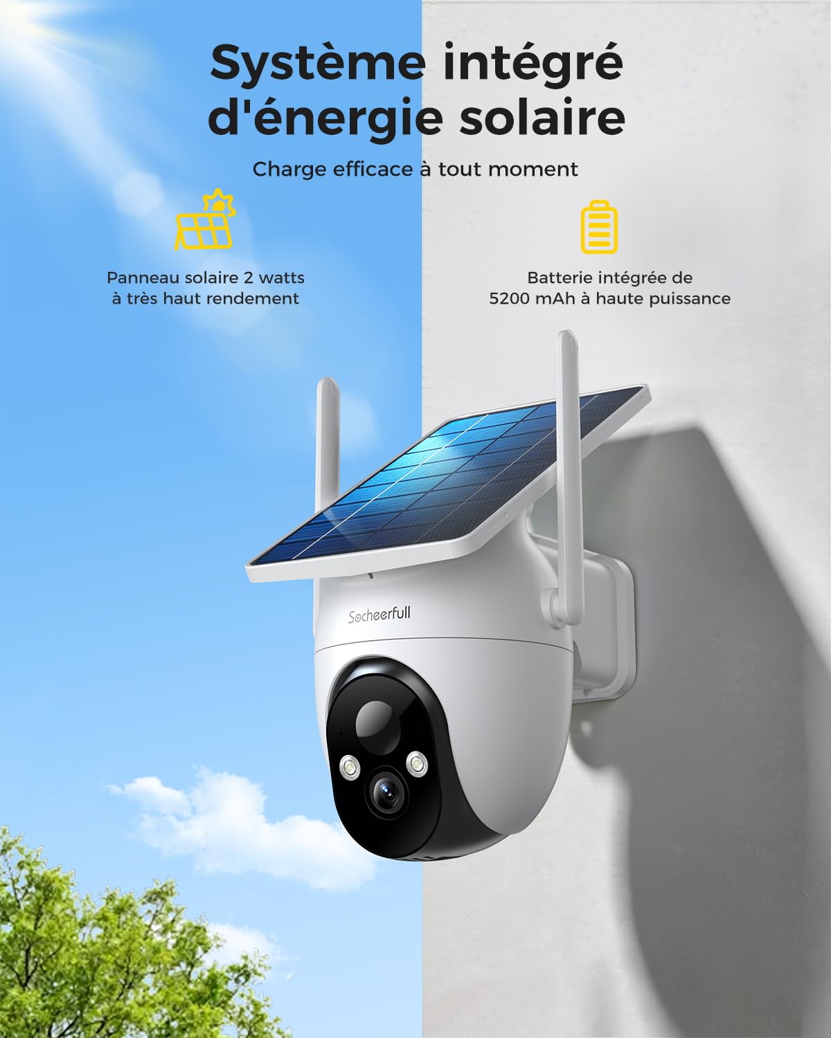 2K Camera Surveillance WiFi Exterieure sans Fil Batterie | Caméra Solaire 3MP 360°PTZ, Panneaux Solaires Intégrés, Recharge Basse Luminosité, Vision Vocturne, AI Détection