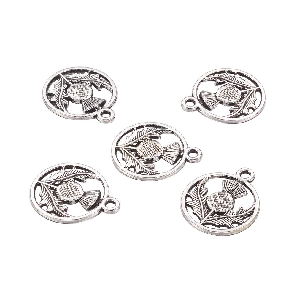 PH PandaHall100pcs Tibetan Style Alloy Pendants Flat Round with Flower Scotland Thistle Charms Antique Silver Necklace Pendants for Women Men Jewelry Making Crafting