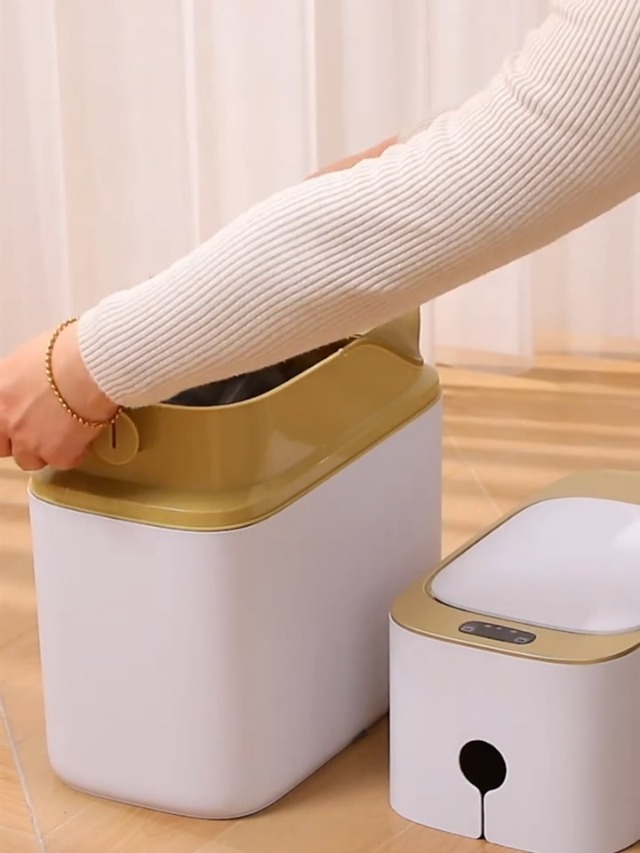 Image of funest Smart Bathroom Trash Can with Lid, 3.6 Gallon Slim Motion Gold Sensor Garbage Bin with Inner Bucket, Trash Can with Lid Waterproof for Kitchen Office