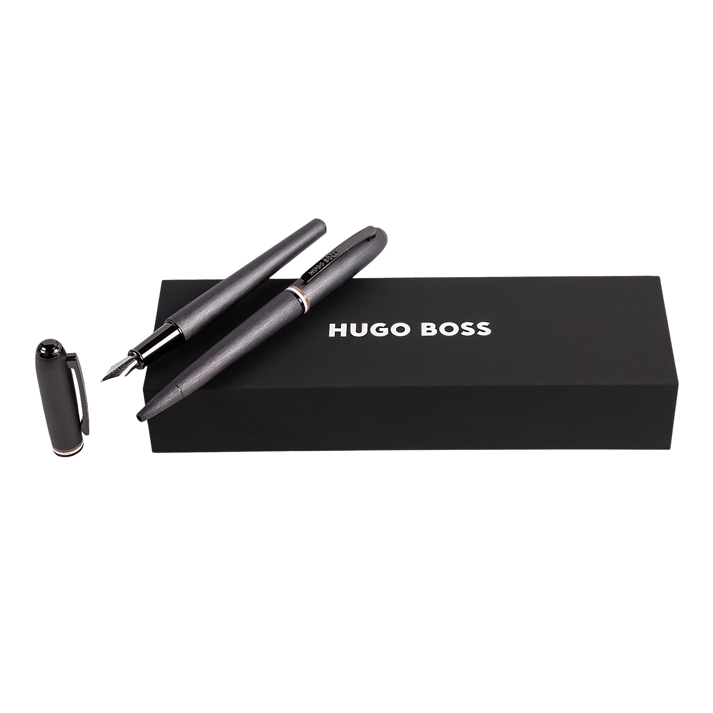 Hugo Boss Contour Iconic zestaw długopis i pióro wieczne wykonane z aluminium, kolor: ciemnoszary, wymiary: 200 x 62 x 34 mm, HPBP341D
