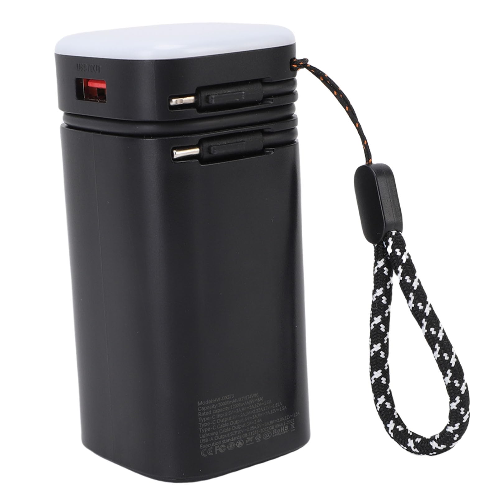 Fdit Power Bank da 20000 MAh con Cavo Integrato PD Caricatore Portatile a Ricarica Rapida da 22,5 W 3 luminosità Luce da Campeggio con 4 Uscite per i Viaggi
