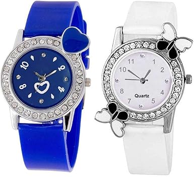 NiyatiFab White Color Dual Batterfly with Blue Color Small Heart Combo Watch - for Girls