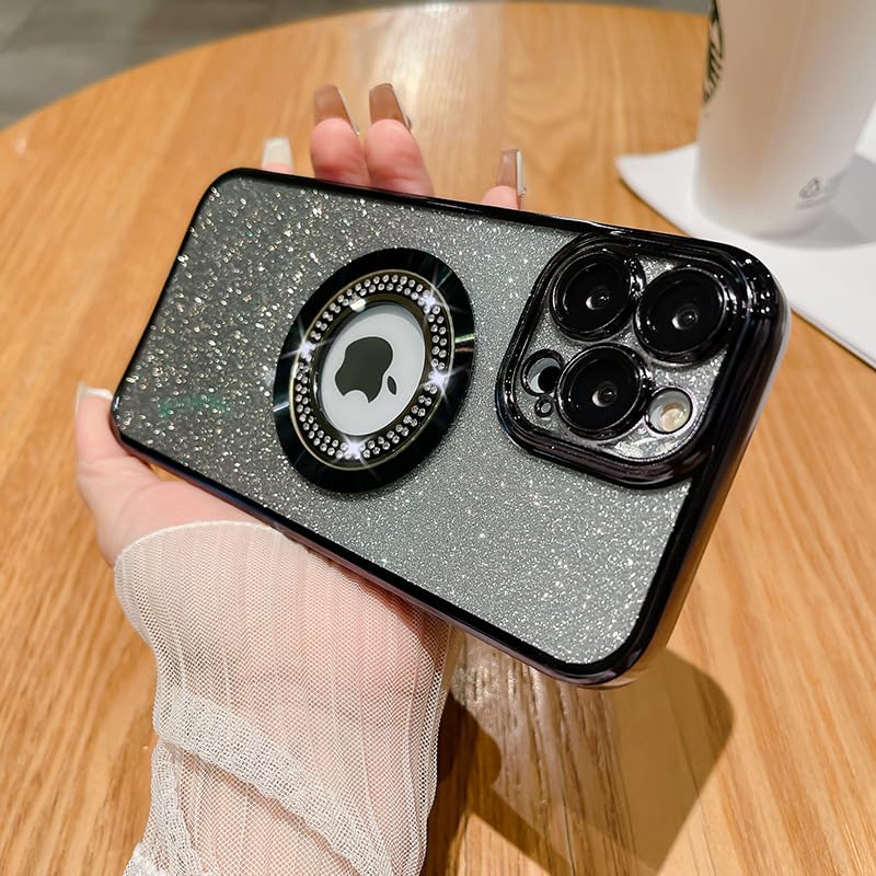 Image of Misscase for iPhone 15 Pro Max Magnetic Glitter Case Compatible with MagSafe,Full Protection Slim Shockproof Anti-Scratch Case with Camera Lens Protector Logo View Dust-Proof Net for Women Black